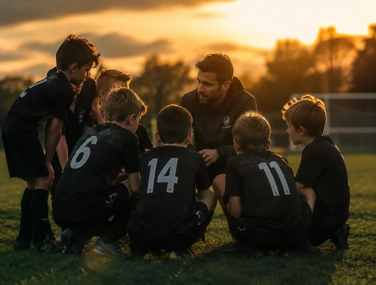 Trainer bespreekt de opdracht met jeugdspelers op het veld